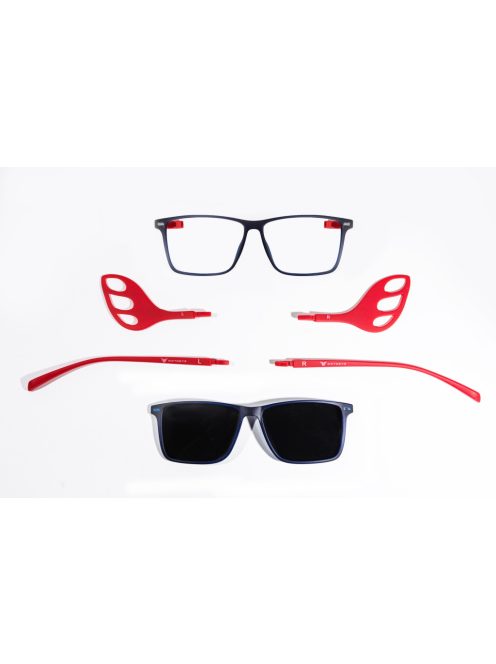 MOTOEYE H0001-C4 Átlátszó kék-Piros Szemüvegkeret - Cserélhető szárakkal, sisakbarát kialakítással - Polarizált UV 400 mágneses napszemüveg előtéttel - Ultra könnyű alapanyagból - Szögletes forma - M, L méretű sisakhoz ajánlott